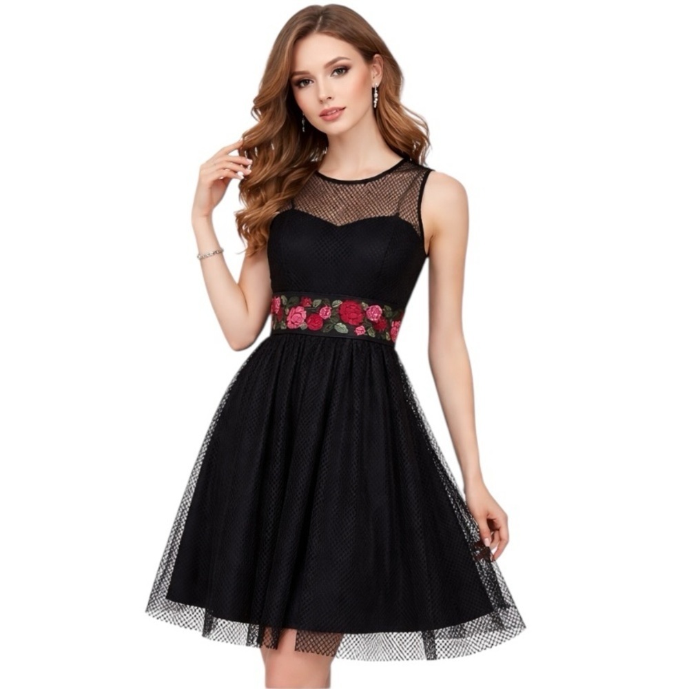 Mystic Black Pink Red Floral Embroidered Night Out Evening Party Dress Size S